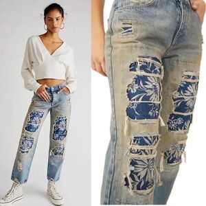 Free People Desert Rose Jeans High Rise Straight Leg Floral Patches Size 27